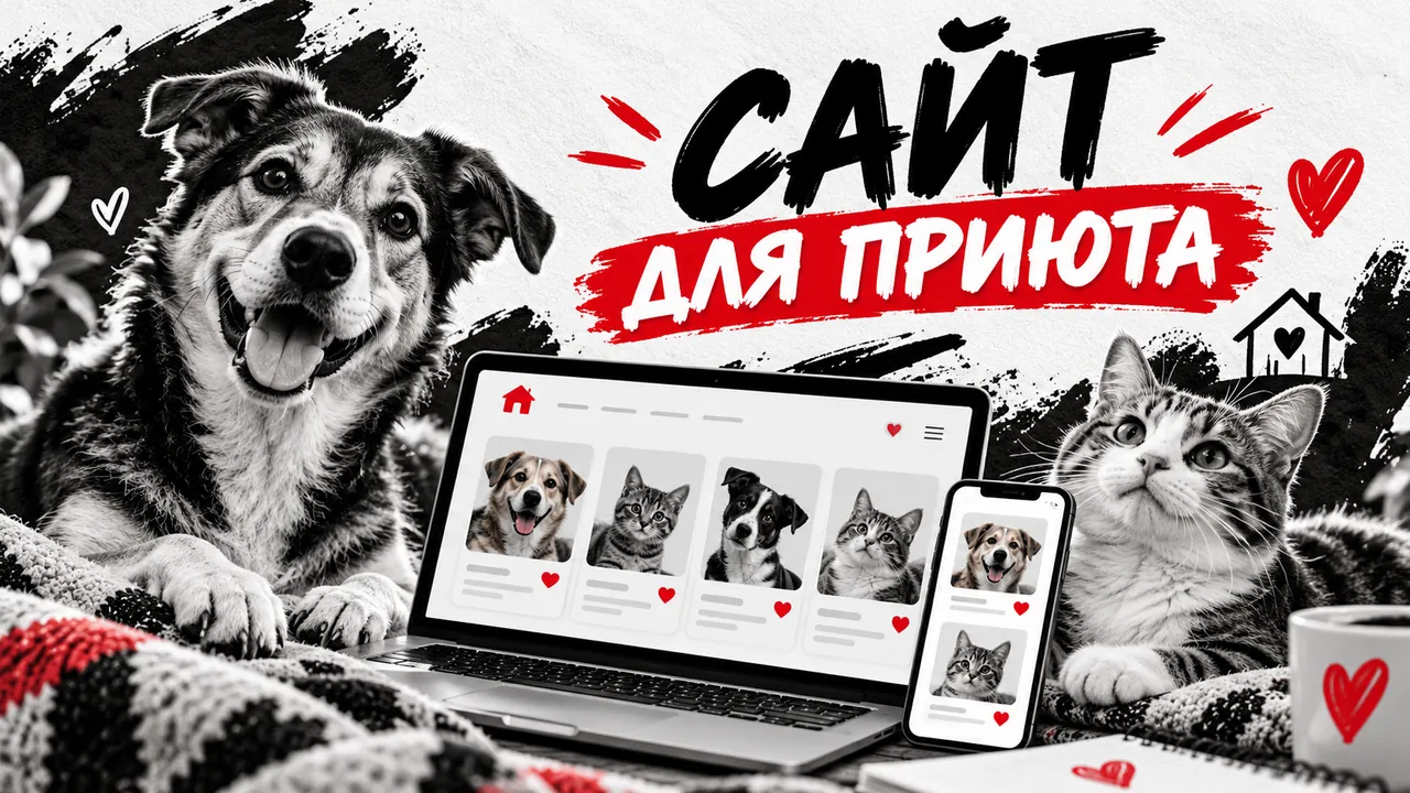 Собака и кот рядом с макетами сайта приюта на ноутбуке и телефоне