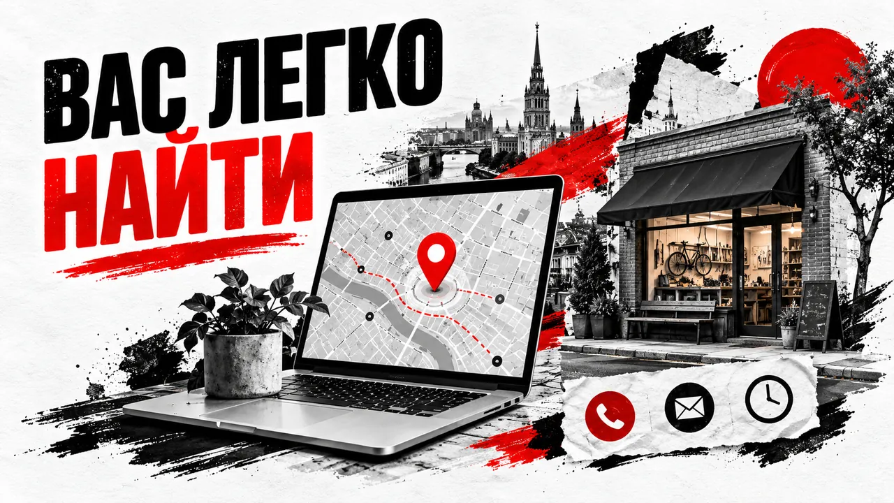 Карта с красной меткой, мастерская и значки контактов